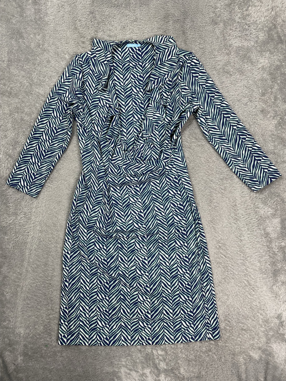 J. McLaughlin Sheath Wrap Dress Womens S Blue Stripe Ruffle Collared Knit